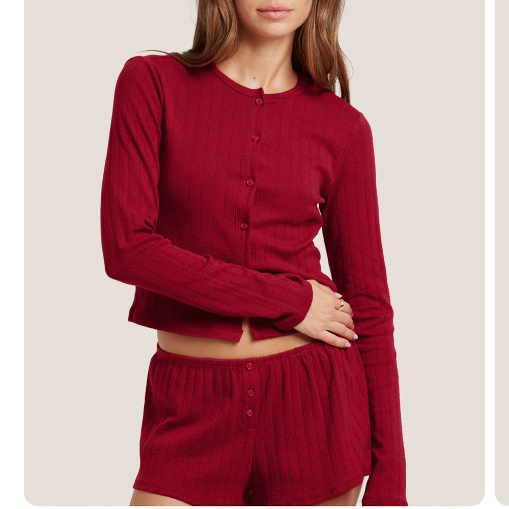 SET Active Women's Ribbed Button-Front Pajama Set in Deep Red